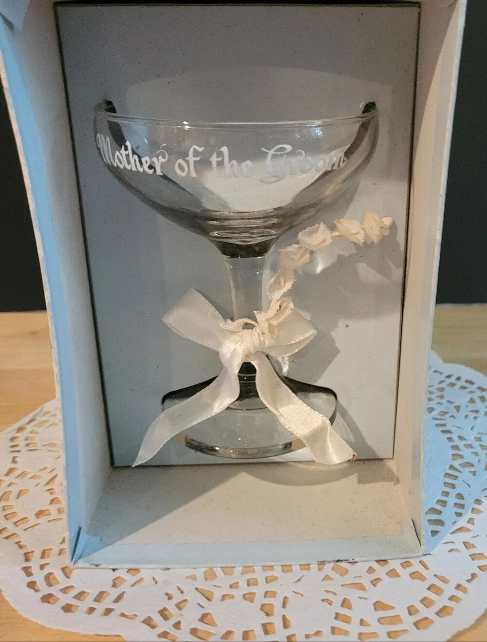 Mother of the Groom Engraved Champagne Coupe - Clear Glass with White Ribbon